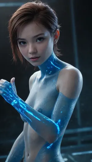 (without clothes, bare nipples, bare pussy, wow effect, stunning beauty and youth, silicone-plastic skin, cute pretty face, tender, naive, sweet, virginal, beauty, fragile feminine, unusual, fantastic, naked athletic beautiful young body, cybernetic-synthetic ultra-bio-organism, scientific fiction, space, long interstellar flight, space ark, cyber arena for battles competitions, Cyber digital Cube, cyber digital cube and one digital cyber girl in blue-green luminescent transparent glowing, her body, (((she is a young blue avatar recombinant organism, (((Kiri))), from the movie Avatar 2 "The Way of Water"))), 3D effect, presence effect, ultra detail, there is no continuous coverage, only contours and translucency, space futuristic overall style and background, inside the digital processor, in the matrix, inside the digital program, graphic dream, cryocapsule, cryosleep, science fiction plot, action movie, (Beautiful, round face, standing, naked, clear transparent), interior light, side view, looking away, looking at something out of shot, arms up, submissive, pose, Erotic, Detailed beautiful face, light and darkness), Kiri, <lora:Kiri_from_Avatar_The_Way_of_Water-000004:.1>