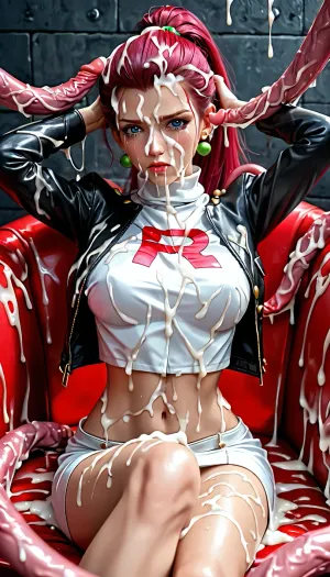((Super slutty Jessie from pokemon:1.3)), high ponytail, perfect hourglass-shaped body, perfect breasts, dressed in a set of leather Rocker clothes, studded leather biker jacket, reclining on the wall, dark gloomy bassement, squeezing her with tentacles, slutty look, very long hair covered in cum, clothes covered in cum, body, covered in cum, ((thick white cum)), bukkake, cum, the whole body is visible, view from the top, cum covered face, excessive cum on hair, crying, head grabbed by ugly monster with tentacles, forced to suck