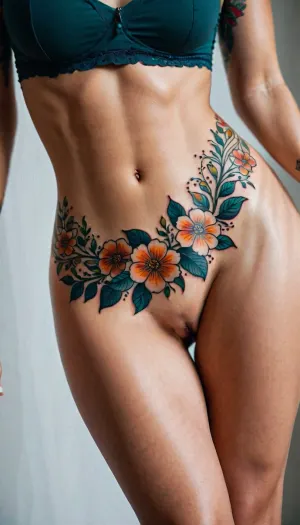 Closeup focus on woman's hip and thigh and abs, minimalist floral line tattoo that follows and accentuates the curves of her body.