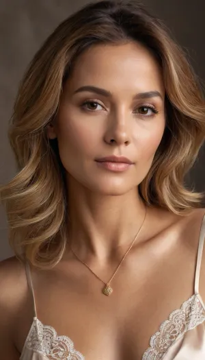 *Ultra-realistic, high-resolution studio portrait photography of an attractive women, around 55 years old, with slightly tanned skin and a very natural, yet slightly more sensual make-up look. She looks confidently and directly into the camera. Her hair is medium-length, dark yellow, softly wavy and falls loosely over her shoulders. The lighting is soft, but subtly shapes her facial features and body silhouette, with subtle highlights on her cheekbones.

She is wearing a high-quality, light lingerie set in cream white made of fine silk, with subtle lace on the edges, stylish and aesthetic, not obtrusive, but tasteful and classy. She also wears delicate, gold accessories, a fine necklace, narrow hoop earrings and a thin bracelet, which add a touch of elegance. The pose is relaxed, with a slightly tilted head, a gentle turn of the body and a loose but graceful fall of the shoulders. The overall image conveys a sense of intimacy and confidence without being vulgar.

The background is minimalistic and blurred, in warm off-white and beige tones to keep the focus entirely on her. Shot with a high-resolution full-frame camera, 50mm prime lens, f/2.8, soft, flattering studio light that reveals her natural skin texture, fine pores and slight shine effects on the lips. No excessive smoothing, no artificial AI look, everything is meant to look like it's a real, professional OnlyFans content set, suitable for a premium, exclusive feed.*