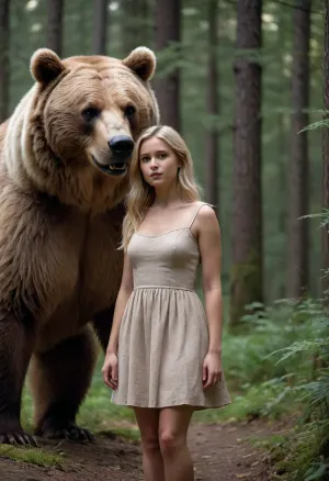 girl • animal • predator • dress • bear • blonde • outfit • tenderness