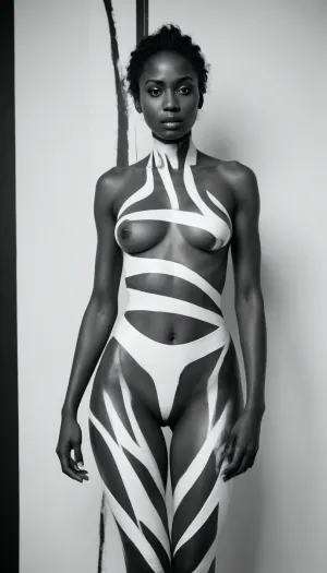"An abstract black and white full body artwork of a woman. The subject appears to be a young to middle aged black woman. Her body is depicted with thick, flowing white lines that form a striped or linear pattern, suggesting a sculptural form. The lines cover her entire body, face and arms, creating a strong, dynamic composition. Her face is partially visible and appears calm, with no strong emotion. She is looking slightly downward. The body is depicted in a relaxed, flowing pose. The background is entirely black, creating a strong contrast with the white lines. The style is abstract, graphic and expressive, with a sense of movement and dynamism conveyed through the lines. The lighting is dramatic, highlighting the lines and emphasizing the form. The perspective is slightly from above, looking at the figure as a whole.