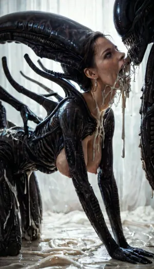 (realistic:1.5), (beautiful sexy woman with alot of excessive cum flowing out of mouth:1.3), on all fours, (violently fucked from behind by a gigantic alien grabbing her hips:1.4), (detailed face and eyes:1), exposed breasts, slender body, black hairbob cut, (large natural breasts), puffy nipples, side view, Xenomorph, g1g3r, <lora:Xenomorph v2:.8>, <lora:g1g3r:.7>