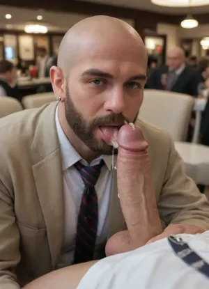 gay porn, male, mature, daddy, beard, full beard, long beard, bald head, licking cum from a dick, man eating cum, cum sucking from dick, cum on tongue, glans on tongue, cum squirting in mouth, seed, semen, veiny dick, uncut dick, black button down shirt, tie, jacket, elegant, fine dining restaurant, noble night club, evening, night time