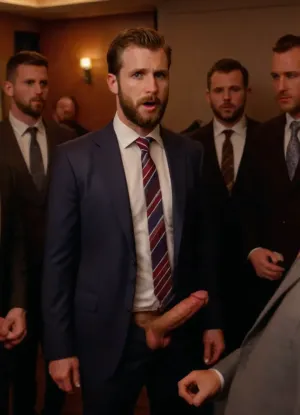 Gay porn, man, gay, vintage, business, beard, daddy, button down shirt, tie, jacket, without pants, naked, showing off his huge penis, to group of other people in suits, penis, <lora:xpenis-1.5e:1>