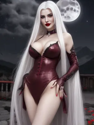 Woman, (mature, european, vampire, Red eyes, Red lips, Grey skin, white hair, long hair, straight hair, seductive, licks her lips), background, (night, moonlight, midnight), standingu, woman wear sexy outfit, image_shows, (breasts, vagina, standing woman), Perfect hand, hand with five fingers, bend position, hand on vagina, hand on nipples, playing with nipples, woman orgasm