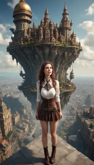 (flying city, city in the sky, floating island city, steampunk city), (beautiful woman standing on the ground looking up at a fantastic flying city in the far distance), (masterpiece, extremely intricate and detailed, photo realistic:1.3), (HDR lighting, sharp focus, dramatic, award winning, cinematic lighting)