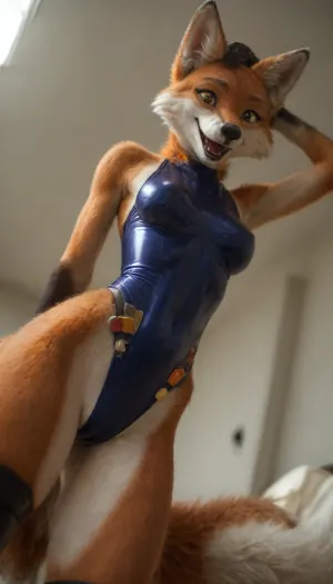 (fox:2), (furry:2), (yang:1.2), ((orange fur)), (fluffy fox:2), (the fur is shiny:2.3), (with a glossy reflecting soft light:2), very short hair on head, (tiny:1.5), (slender body:1.5), (nose up:1), (skinny:1.1), (colored glossy Tight-fitting swimsuit:1.5), (natural breasts:1.3), the back is arched, (long cat whiskers:1), (tight belt on the waist:1.3), (tight straps on the thighs:1.3), (laughing eyes), (wide open eyes:1.3), (quality yellow eyes:1.6), (look at view:1.6), (open mouth:1.4), (predatory smile:1.7), ((black stockings)), (in hand is a huge oiled:1.7), (lying down on side:1.4), on the bed, full body view, (legs structure from animal:1.5), small pussy, dim light, soft shadows, full view, (Low-angle shot:1.4), FRESHIDEAS, Real, Photography, 2#, ejaculation, on, face, taking, her, bad-picture-chill-75v, CyberRealistic_Negative, side view, <lora:FRESHIDEAS Real Photography 2#:1>