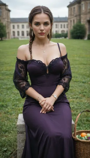 The image of a milf in fourties of plump body appears to be a screenshot of a social media post, likely from Instagram, featuring a person dressed in an elegant, traditional outfit. The attire is a luxurious purple dress with intricate gold embroidery along the edges, sleeves, and hem, giving it a regal and ornate appearance. The individual is accessorized with a gold bracelet, a watch, and a ring, A Russian peasant woman in the Alps is carrying a basket of delicious fruits. She is dressed in traditional clothing, with chestnut-colored braided hair, blue eyes, and full lips. She is sitting crouched on the green grass, surrounded by the breathtaking beauty of the Alpine landscape. The scene reflects a blend of cultural charm and natural serenity. adding to the sophisticated look. The background showcases an opulent setting with a large, ornate chandelier adorned with numerous crystals, suggesting a lavish indoor environment, possibly a ballroom or a grand residence. The post includes a caption in Arabic, "Abeer Nehme, Ehsasi, (From The Series Nafas), " indicating a connection to a song or series, and the username "sollaf5" is visible. The post has received 3, 174 likes and 119 comments, and the timestamp shows it was posted on Sunday, March 9, at 4, 12.

Explain the outfit style

Traditional Arabic fashion