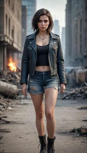 Гиперреалистичная постапокалиптическая панорама: одинокий сталкер в антиутопическом городском пейзаже (13rc1ng - пирсинг губ)