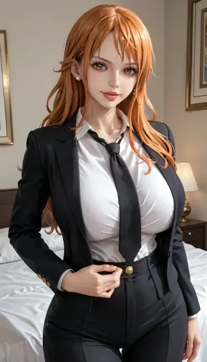 photorealistic, Nami, character from the One Piece, (Nami from the One Piece:1.2), best quality, afterglow, 4k, ((masterpiece)), extremely detailed, 8k, trending on ArtStation, Intricate, High Detail, Sharp focus, curvy, 1girl, (beautiful face, perfect eyes:1.2), (milf:1.2), (busty and curvy1.1), (thick:1.2), (thick thighs), (bedroom_background), rating, safe, (huge breasts:1.2), (wide_hips), collarbone, (black suit jacket, white collared shirt, black necktie, black suit pants), solo_focus, sensual, seductive smile, parted_lips, (orange hair, long hair, light brown eyes), lips, looking_at_viewer, standing, ((contrapposto)), 4ng3l, face, <lora:SDXL_BetterFaces-LoRA_v1:.5>, <lora:add-detail-xl:.5>, <lora:detailed_notrigger:.5>