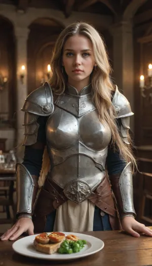 an young beautiful tall slim human femal warrior from world of worcraft is standing in the forge, wearing full armor and a long sword, breast plate armor, leg plate armor, cheast plate armor, big shoulder plate armor, less light, an fire is burning wood, very detailed 8k picture, white swedish woman, perfect very long blonde hair, ((long hair:1.5)), European woman, <lora:LittleCaprice_SDXL_v1.0:1>