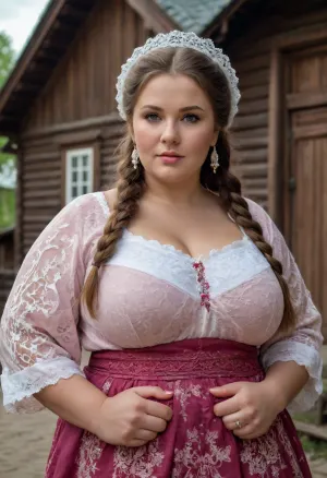 Russian beauty oversized bbw milf with oversized thick thighs and large floppy breast, in national costume. old russian village, wooden russian houses. lace filigree of bright, rich color. Super clear, high quality, 8k photo. rich on details