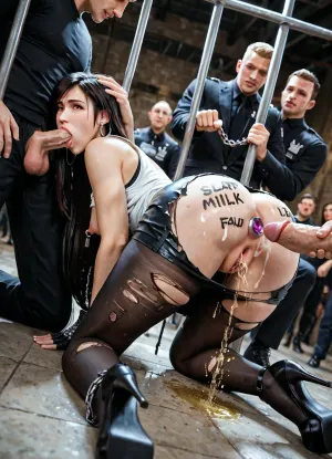 Extreme fine details, extreme fine facial details, perfect faces, super wide-angle shot of captured Tifa Lockhart in a prison with crowd in the background including dressed women and man, wearing high heels and red torn transparent pantyhose, chained like a dog. She also has nipple clamps which is chained to her handcuffs. she is wearing torn leather full boday dress. Her nipples dripping loads milk as she is pinching them. A man is pulling her hair and slapping her face. A man is fisting her pussy. Doggy style. Huge purple anal plug in her asshole being pulled by a black man. Tifa is giving deep blowjob to a black man with saliva droping everywhere. She is uncontrollably peeing to the ground. She is looking at the viewer, ahego face, exhausted and worn out with a bit of tear in her eyes. "Whore" body writing on her butt.