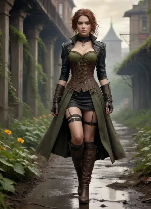 `Post-apocalyptic landscape where nature reclaimed the earth, crumbling skyscrapers entwined with ivy, fractured highways swallowed by wildflowers, skeletal bridges draped in moss, twilight sky streaked with amber and steel-gray clouds, a lone woman in steampunk attire—tattered lace corset, leather gauntlets with brass buckles, patchwork skirt lined with tool pouches—trudges through overgrowth, boots sinking into mud, goggles hanging loosely around her neck, copper gears sewn into her cloak glinting in fading light, eerie silence broken by rustling leaves and distant collapsing structures, 8k resolution, hyperrealistic textures, (crumbling concrete, dewy petals, weathered metal), cinematic HDR lighting blending golden-hour warmth with cold shadows, anti-aliasing, depth of field focusing on her determined stride and encroaching vines, ray-traced mist clinging to puddles, lossless PNG format, no pixelation.`