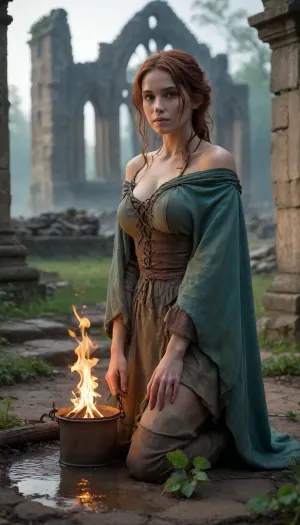 A gaunt, disheveled woman kneels in a firelit clearing, her back to the viewer, tattered clothing blending into the decay around her. She wears a faded crimson tunic, its neckline frayed and slipped off one shoulder, exposing sunken collarbones streaked with ash. A moth-eaten shawl clings to her frame, and dirt-caked linen wrappings cover her legs, with scuffed leather boots abandoned nearby. Her hands, raw and soot-smudged, feed dry twigs to a crackling fire, its amber glow flickering across her gauntness and casting long shadows over the ruins. A dented copper pot—its surface oxidized to a turquoise patina—hangs over the flames, filled with murky water from the corroded flask at her hip. Behind her, jagged stone ruins dominate, a collapsed cathedral wall strangled by ivy, its shattered rose window gaping like a skeletal eye, and a rusted bell dangling from a crumbling tower. Skeletal remains of a blacksmith’s forge and a collapsed well litter the field, overgrown with wild grass and thorned vines. Distant cathedrals pierce a leaden sky, their spires cloaked in kudzu, while thick mist blurs the line between earth and ashen horizon. Firelight dances across weathered stone, highlighting matted ivy tendrils and the woman’s exposed ribs beneath her tunic, her posture hunched but purposeful. Embers rise into the haze, mingling with ash particles and the faint glow of distant smoke. The scene is rendered in hyperrealistic 8K detail—cracked cobblestones, frayed fabric threads, and the fire’s reflection in a rainwater-filled pothole—all under cinematic HDR lighting that contrasts warm flames with cold, gray-green decay. Ray-traced mist diffuses the ruins into abstraction, while depth of field blurs the woman slightly, anchoring her as a small, transient figure in a landscape reclaiming itself. Lossless PNG preserves every texture, the grit on her skin, the rust on her knife’s sheath, and the spectral glow of a world unraveling.