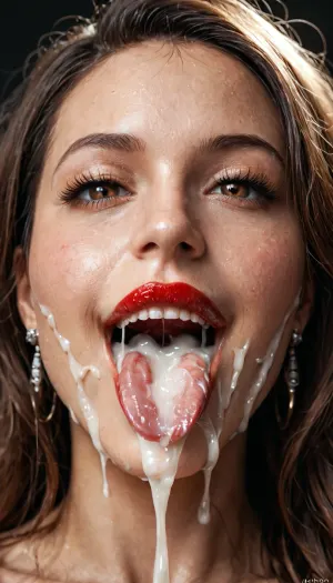 close up view of a white woman's mouth, (milf:1.2), full of cum, (looking at viewer), excessive cum on tongue, excessive cum dripping from tongue, excessive cum on face, excessive cum on lips, long smooth black bobcut hair, (detailed brown eye), (the eyes are smiling), (detailed iris), (detailed mouth), (open mouth), (extended tongue), full lips, red lipstick, black background.
