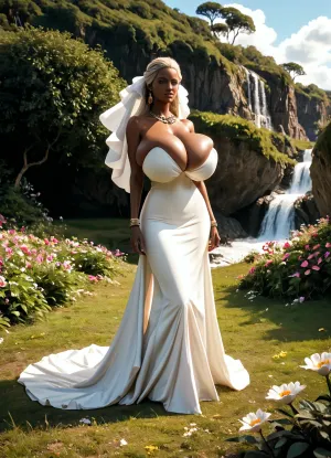 african queen, smiles gently, hyper sloppy and saggy breasts, perfekt saggy breasts, hyper soft breasts, outside, in a landscape before victoria waterfalls, bends down to a flower, look slightly sideways, bends down