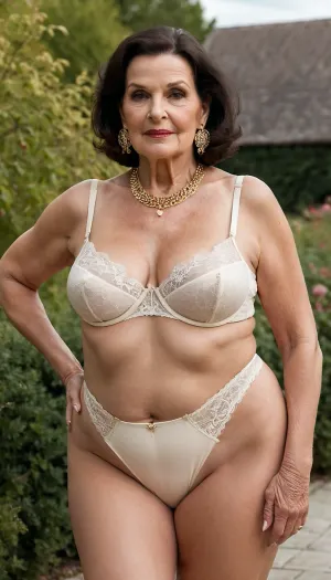 old granny mature, sexy 75 years old granny, dark brunette hair, medium hair, glamour, big hoop earrings, necklace, big black eyes, extreme wide hip, wide shoulder, thick body, very chubby bbw, very tall, tiny small saggy tits, gold necklace, outside, looking at the camera, cute sexy face, high waisted sexy off white lingerie, very high waist lingerie, charming, very hot and horny, seduction horny, old sexy horny granny, dark brunette, full body view, walking towards the camera, huge culottes, super wide hip, bride, bride lingerie
