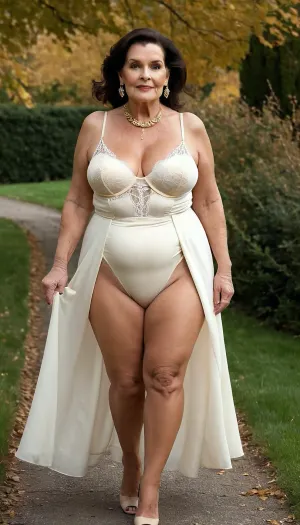 old granny mature, sexy 75 years old granny, dark brunette hair, medium hair, glamour, big hoop earrings, necklace, big black eyes, extreme wide hip, wide shoulder, thick body, very chubby bbw, very tall, tiny small saggy tits, gold necklace, outside, looking at the camera, cute sexy face, high waisted sexy off white lingerie, very high waist lingerie, charming, very hot and horny, seduction horny, old sexy horny granny, dark brunette, full body view, walking towards the camera, huge culottes, super wide hip, bride, bride lingerie