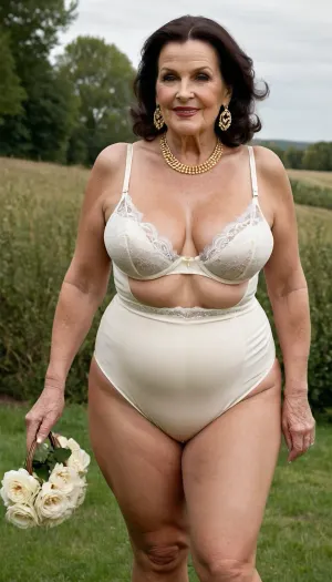 old granny mature, sexy 75 years old granny, dark brunette hair, medium hair, glamour, big hoop earrings, necklace, big black eyes, extreme wide hip, wide shoulder, thick body, very chubby bbw, very tall, tiny small saggy tits, gold necklace, outside, looking at the camera, cute sexy face, high waisted sexy off white lingerie, very high waist lingerie, charming, very hot and horny, seduction horny, old sexy horny granny, dark brunette, full body view, walking towards the camera, huge culottes, super wide hip, bride, bride lingerie, sexy bride, sexy smile