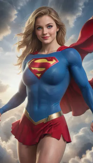 masterpiece, best quality, high resolution, hires, solo, close up, upper torso portrait, front, facing viewer, looking at viewer, huge breasts, lithe athletic body, hourglass figure, long hair, wavy hair, sleek golden hair, blue eyes, 19 years old, narrow face, charming smile, shiny blue skin tight long sleeve body suit with wide neck and red cape tucked into neck of suit, (red mini skirt with gold belt), (Superman Symbol on chest), muscular, supergirl, mad-abvthclds, clouds, cloudy, sky, sun, moon, 1girl, <lora:uberfit_lora_sdxl:.7>, <lora:f0f34de2-5e88-48a4-8ef5-e4e6c30adb6d.TA_trained:.5>, <lora:Above_the_Clouds_SDXL:.5>, <lora:PAseer-SDXL-FarOfTheSun:.5>, ohwx, woman, <lora:sydney_lora_sdxl_v1-000008:.5>