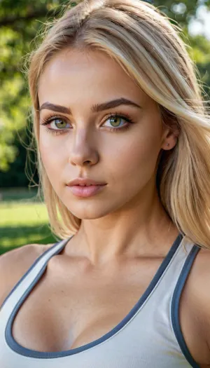 Ultra Realistic photography, side view, (full body shot), 18 years old woman, Standing in a park, well-built body, wearing tight sports clothing, wearing sport shoes, middle sized boobs, cute face, square face form, innocent view, big eyes, glossy eyes, eyeliner, perfect makeup, red cheeks, middle long straight blonde hair, snub nose, symmetrical eyes, highly detailed lips, highly detailed teeth, highly detailed eyes, highly detailed iris, skin pores, mat skin, skin texture, manicure, natural lighting