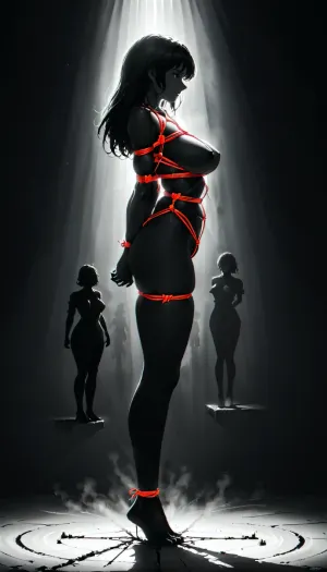 ((full body black and white artistic nude picture of a breathtaking naked woman with large perfect breasts in shibari bondage)), from side, black and white with red colored ropes, macro, silhouette, curvy body, sexy body. Dark background creating the impression of fog. shibari. japanese. bondage. Graceful. lov light. distance, Low-key, lighting, Style, dim, light, low, dramatic, Split, Lighting, style, realistic proportion, ultra realistic, partially, in, shadow, <lora:Low-key lighting Style:1>, <lora:Split Lighting style v2:1>
