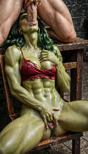 Athletic Body, Full Body, Tied Bondage Slave, (She-Hulk 1.5), (100% face and body match She-Hulk 1.5), Ripped Original Character Clothes, Breasts and Pussy Exposed, close-up, correct anatomy, on the back, lying on a old torture table, legs are spread, The head is facing her viewer, she masturbates herself to orgasm, (five fingers hands), female mastubation, pussy fingering, squirting pussy, (massive vagina, overly massive labia, wet, dripping saliva), a massive vicious Penis fucking her mouth, (she deepthroat a massive Penis), (hard deepthroat:1.3), (Realistic location in a old torture dungeon), Hyperrealistic, 8K, 4K, Professional Photography