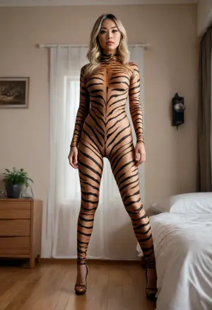 (warm ambient light:.5), (shadows:.4), RAW image, Canon EOS R3, DSLR photo, 8k, best quality, (realistic, photo-realistic:1.2), ultra high res, long plan shot, (extreme detailed face), (asian woman), beautiful, (20 years old blonde woman), (tiger catsuit), (catsuit), (she is in bedroom), (standing on her toes), (she wears high heels)