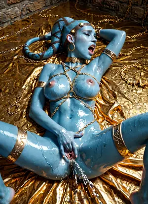 aayla secura, blue twilek jedi, extremely curvy hourglass figure, blue skin, tall, look of ecstasy on her face, erotic, gold harness, gold chains, oiled up, natural breasts, breast exposed, erect nipples, smooth pussy, arched back, gold body jewelry, laying down, spread legs, screaming orgasm, squirting, body jewelry, body chains, detailed background, fingering, pussy, <lora:2FingersSDXL_v03:.5>