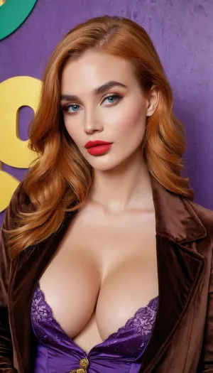 Extreme detailed Masterpiece portrait, (A beautiful young elegance Italian model, perfect face with red lips:1.4), (busty Willy Wonka Chocolate Factory character sexy girl:1.3), Bright make-up, ((long red hair)), (naughty pose:1.2), 34g breast with perfect huge Nipples, (Willy Wonka style:1.5), extreme detailed Nipples, posing for a photo indoor Willy Wonka Chocolate Factory, wearing fashionable Willy Wonka jacket on naked body, (eating chocolate:1.5), (Charlie's Chocolate Factory on background:1.5), extremely fashionable, makeup, tan wet sweaty skin, Willy Wonka style outfit, 4k, 8k Full-HD digital photograph, absurdres digital painting, intricately detailed skin and hair textures, complex and hyperdetailed setting, vibrant city scene, urban, Japan, fashion, hipster fashion culture, masterpiece, best quality, best aesthetic, full body shot, dynamic angle, filmic, clarity, perfect focus, bmbplora, <lora:bimboxl_02:.5>