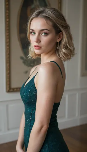 A woman in her thirties, with striking features, blonde hair, piercing green eyes, a prominent forehead, a large straight nose, and defined cheekbones. Her bob hairstyle is elegantly styled with bangs, complementing the evening makeup she wears. She dons a luxurious floor-length dress, crafted from dark green velour. This image, whether a painting or photograph, captures the woman's beauty in exquisite detail, showcasing high quality and attention to intricacies.