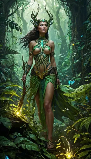 A spectral huntress moves through a jungle caught between worlds, where vines pulse with bioluminescent veins and the trees whisper secrets in forgotten tongues. Her emerald eyes glow beneath the shadow of her hood, and her skin is marked with shifting tribal sigils that flicker between ancient war paint and holographic code. Her bow—carved from the bone of something that never truly lived—glows with spectral energy, its arrow notched and crackling with the power to pierce both flesh and time itself. Every step she takes shifts the ground beneath her—one moment, damp earth covered in fallen petals, the next, a metallic floor overgrown with digital moss and twisting, luminous roots.

The jungle around her is a wild, breathing paradox, where nature and technology entwine like lovers in an eternal battle. Monolithic statues of forgotten deities stand half-consumed by creeping vines, their stone faces cracked and weeping molten tears. Enormous insects with crystalline wings hover between massive ferns, their bodies pulsing with neon light as they hum in a language only the jungle understands. In the distance, a colossal serpent, its scales a shifting mosaic of organic matter and liquid metal, coils through the ruins of an ancient temple, its golden eyes watching, waiting.

Above, the sky is a fractured canopy of living constellations and shattered satellites, with luminous flowers blooming in midair, feeding on the stardust that drifts from unseen worlds. Time does not flow here—it pools, it crashes, it twists. An obsidian obelisk, covered in runes that rewrite themselves with every passing second, stands at the heart of the jungle, pulsing like a beacon calling to something older than the stars.

And in the depths of the overgrown ruins, a throne of twisting roots and glowing circuitry waits. Before it stands a warlord wreathed in smoke and shimmering light, her spear humming with unstable energy, its blade shifting between obsidian and pure starlight. The jungle stills—predators halt mid-pounce, the wind ceases its breath, the digital fireflies freeze in the air. Then, with the snap of a single branch underfoot, the hunt resumes, and the endless, beautiful war of survival begins anew., (nudity:1.3)
