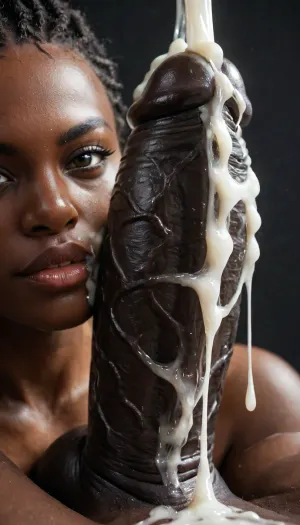 black background, solo, (front view), (Macro photo), (close up), (african), huge erection, 20 inch black penis, ejaculation, (detailed penis), view on dickhead, (excessive cum on penis), cum dripping from penis.