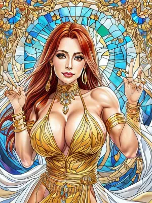 Carol is a Beautiful fit, muscular, (bodybuilder), 32 yo woman with very long bright red strait hair, (redhead), fit muscular, large breasts, very large firm round fake boobs, enormous boobs, gigantic torpedo boobs, 10000cc saline implants, biggest breasts every, (34dd boobs), firm breasts, hip length hair, long hanging yellow Citrine pendant between boobs, bright yellow painted nails, bracelets, bangles, rings, shiny armbands, jewelry, Wooden painting frame, in a white transparent off shoulder robe, poses like a slut, professional pose, perfect hands, 5 fingers, flawless fingers, white walled Greek village, blue domed roofs, Louis, Comfort, Tiffany, Style, page, stained, glass, painting, blh, <lora:Glass paintingV1-000016:.5>