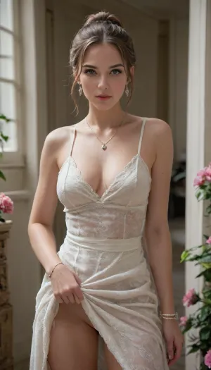 elegant, irresistible, sophisticated beauty of a woman in a white fractal tight dress with open shoulders and a high slit on the leg. The dress is decorated in the center of the dress with a sprig of pink flowers that seem to grow out of it. The woman has light hair, gathered in an elegant hairstyle, wears shiny earrings, a necklace and a bracelet. Floating pink flowers are visible in the background. The atmosphere of the image is romantic, skirtlift, <lora:skirtlift_xl:.8>