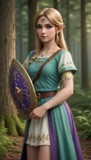 **Prompt, **, (((Photorealistic, high definition, high detail, live action, cinematic, realistic faces, natural faces, real textured skin))), "Create a breathtaking live-action scene of a tender and intimate love moment between two women, Zelda and Link, set in the world of *The Legend of Zelda*. The setting is a real forest at dusk, bathed in soft, golden twilight. The light filters through the towering trees, casting a warm glow that reflects off their faces and gently illuminates the intricate details of their clothing., (((Link, portrayed as a courageous woman))), with long, flowing brown hair, is dressed in her iconic green tunic, adorned with a leather belt, and sturdy boots. Her piercing blue eyes radiate a depth of love and vulnerability as she gazes lovingly at Zelda. Her stance is gentle but strong, with one hand resting on Zelda’s shoulder, the other holding the Hylian shield in a relaxed grip, symbolizing both her protector nature and her gentle side.

Zelda, envisioned as a regal and graceful woman with platinum blonde hair, wears an elegant, flowing gown of white and purple with golden embroidery. Her eyes, a deep shade of blue, meet Link’s with an expression of deep affection and trust. She reaches up to lightly touch Link’s face, her fingers brushing across her cheek with the tenderest of gestures, speaking volumes about the deep emotional connection they share.

The surrounding forest is alive with the sounds of nature, but there’s a stillness that surrounds the two of them. Vivid wildflowers bloom at their feet, their vibrant colors contrasting with the lush greenery of the forest. In the distance, the faint outline of Hyrule Castle can be seen through the trees, symbolizing their shared past and the strength of their bond. Their closeness speaks of a deep, unspoken love, a bond that transcends the challenges of their world. They stand together in this serene moment, the weight of their shared journey behind them, basking in the peace of simply being in each other's presence. Their gazes remain locked, each looking at the other as though they are the only person in the world. *The lighting is soft and ethereal, casting warm, golden tones over their faces and creating a magical, dreamlike quality to the scene, highlighting the intensity of their connection and the beauty of their shared love.*"