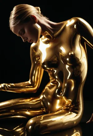 "A human figure partially enveloped in flowing liquid metal, resembling molten gold or mercury. The metallic surface reflects light dynamically, creating a surreal and futuristic aesthetic. The metal seamlessly merges with the skin, forming intricate patterns and organic shapes. Dramatic cinematic lighting, ultra-detailed, hyper-realistic, smooth reflections, futuristic and artistic composition."