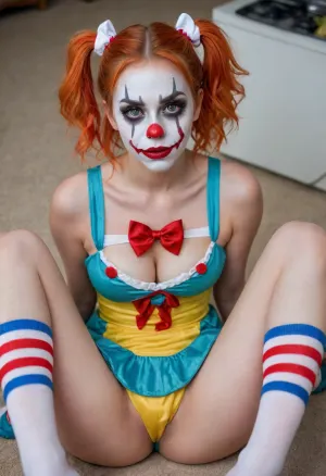 young beautiful girl 18 years old clown girl with big breasts, wearing a pulled-up dress without any underwear, laying on her back with spread legs, no panties, long striped socks, clown makeup, skinny, white face paint, detailed vagina, looking at the viewer, back long high twin multi-colored ponytails, excited, aroused, tack sharp, 4k, dslr