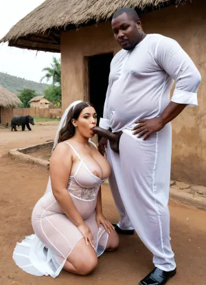 A stylish wedding portrait of a Brunette plump bimbo Iranian woman in a white totally transparent sheer wedding dress and a black man with a very big monster black cock, the image captures a romantic yet confident pose, in a poor African village. people are watching in poor outfits in background.