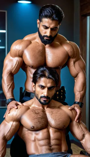 'Afzal Khan', A very handsome Muscular Pakistani Police Officer having bondage bdsm rough sex with a gorgeous girl inside the Office, Married Muslim hunk, hairy Chest and armpits, sexually frustrated, bodybuilder, professional photography, sharp focus, 4k high definition, insanely detailed, RAW photo, HDR, hyper-realistic, dark lighting, photo realism