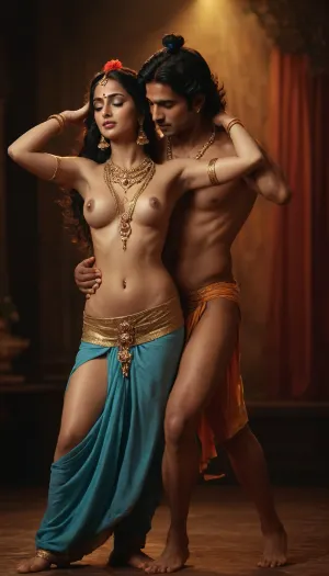 Radha with krishna naked dancing, ((radha completely naked)), ((ultra realistic)), ((4k)), ((dslr))