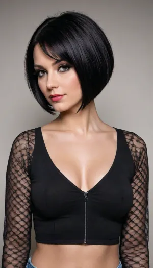 Bimbo sekcy girl with medium beautiful bust size 3 19+, Russian, beautiful, Short straight black hair, (asymmetrical bob), dyed in the style of "BLACK ABSOLUTE", (Rich black color with the addition of individual strands, dyed in a darker shade of black, to create the effect of volume and texture), .., view strictly from the front, white checkered shirt, close-up, professional photo, realistic, sharp focus CANON HD