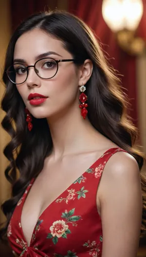 An illustration of a girl with long dark hair wearing a red dress with a floral pattern. She wears large glasses and looks to the side, lifting them slightly with her hand. She has expressive facial features, including large eyes and full lips. Jewelry is visible on her neck and long earrings are in her ears.