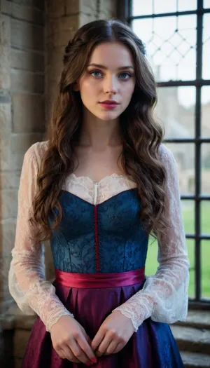 The image shows a young woman with long, wavy dark hair. She has fair skin, expressive blue eyes and pink lips. She is wearing a dress with lace sleeves that combine black and red colors. In the background, a window with a grate is visible, creating the atmosphere of a medieval castle or a Gothic interior.