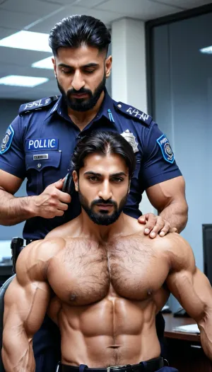 'Afzal Khan', A very handsome Muscular Pakistani Police Officer fucking a gorgeous girl inside the Office, Married Muslim hunk, hairy Chest and armpits, sexually frustrated, bodybuilder, professional photography, sharp focus, 4k high definition, insanely detailed, RAW photo, HDR, hyper-realistic, dark lighting, photo realism