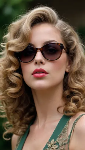 1960’s Hollywood actress, curly dark blonde hair, full lips, heavy eye make up, lip gloss, sunglasses on the end of her nose, looking over the rim of the sunglasses