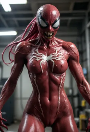 (warm ambient light:.5), (shadows:.4), RAW image, Canon EOS R3, DSLR photo, 8k, best quality, (masterpiece:1.1), (realistic, photo-realistic:1.2), ultra high res, ((she venom), (carnage symbiote, woman merging with carnage symbiote), (body covered with carnage symbiote, pink, white spider on chest)), ((muscular), (big and muscular)), backlight, mutating, (30 year old asian woman, black hair), (in a factory), (wet hairs), (black eyes), (dark eyes), (hands claws, feets claws), (monstrous hands), claws, huge claws, (blood)