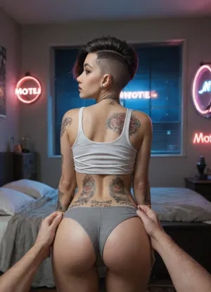 score_9, score_8_up, score_7_up, (UHD 8K, masterpiece, best quality, maximum details, night time, extreme realism, cinematic still), (neon lights), (motel room), beautiful 21 years old asian girl, black hair, (((undercut hair))), short hair, brown eyes, perky breasts, loose white tank top, grey panties, skinny, pale skin, (((tattoos))), purple lipstick, black manicure, black pedicure, standing, worried, (muscular old bald man), (pov), (facing away:1.2), (grabbing another's ass)